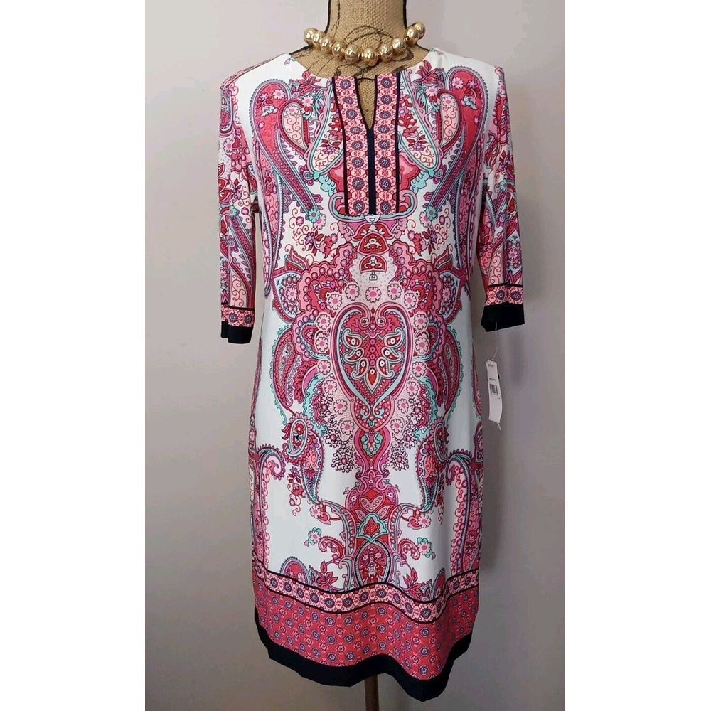 Sandra‎ Darren Women Coral Paisley Navy Blue Trim Lined Dress Size 10P